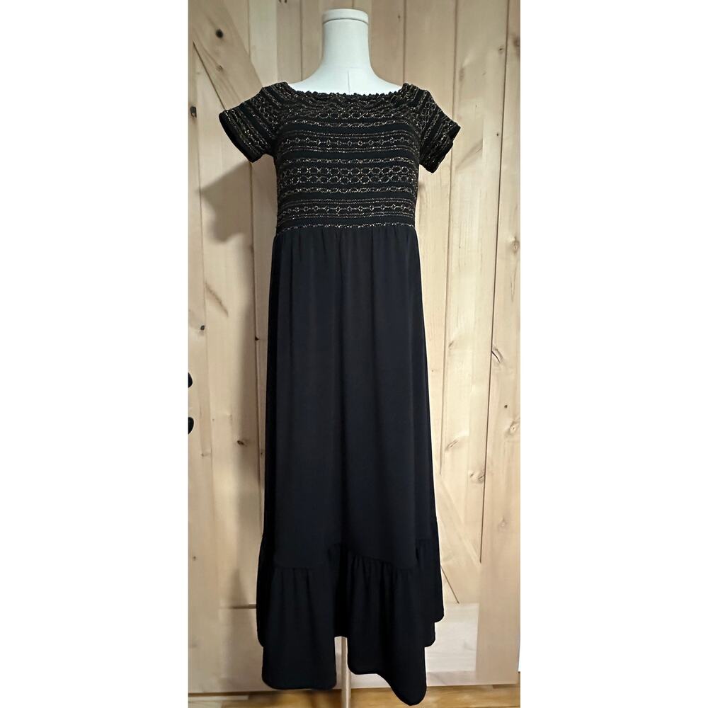 Michael Kors | Gold Sparkle Black Short Sleeve Midi Dress | Size Large